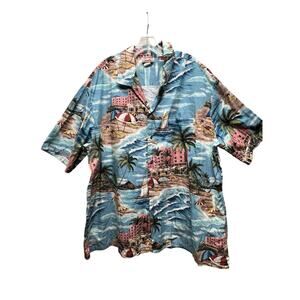 Vintage Evergreen Island Hawaiian Mens 3XL Button Up Shirt Beach Resort Cotton
